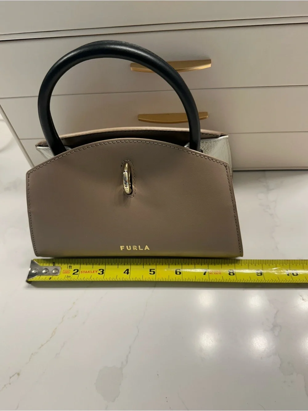 Furla Taupe Satchel with Black Top Handle